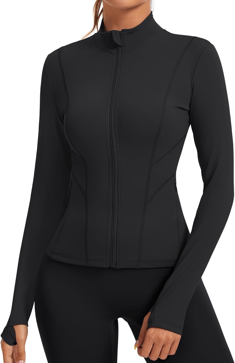 Rapbin Women's Slim Fit Workout Jacket - Full Zip Long Sleeve Athletic Top with Thumb Holes