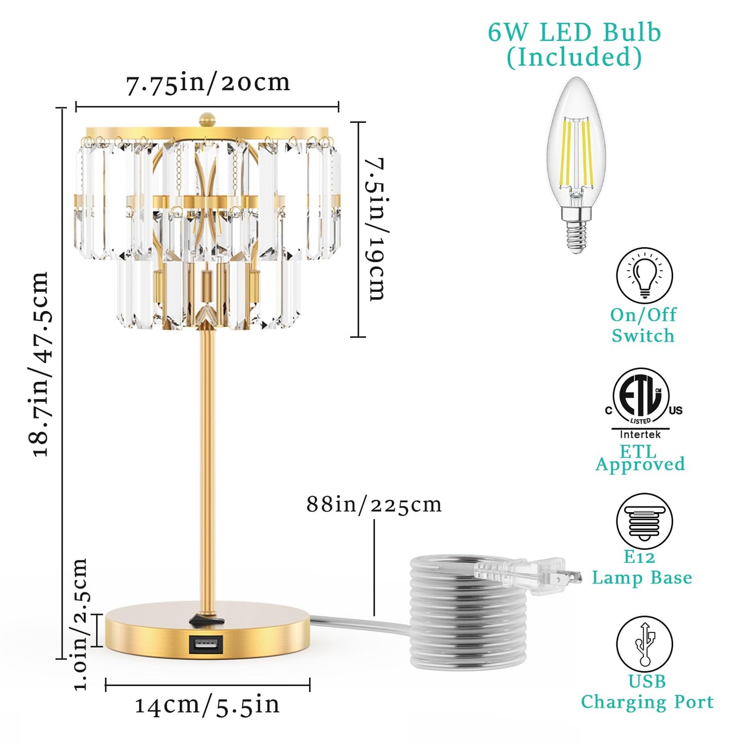 Bedside Lamp for Bedroom, Gold Crystal Table Lamp 18 Inches, Tiffany Clear Crystal Drops, USB Charging Port, E12 Socket, 6W LED Bulb Included, Golden Decorative Desk Light(1 Pack, Brass Finish)