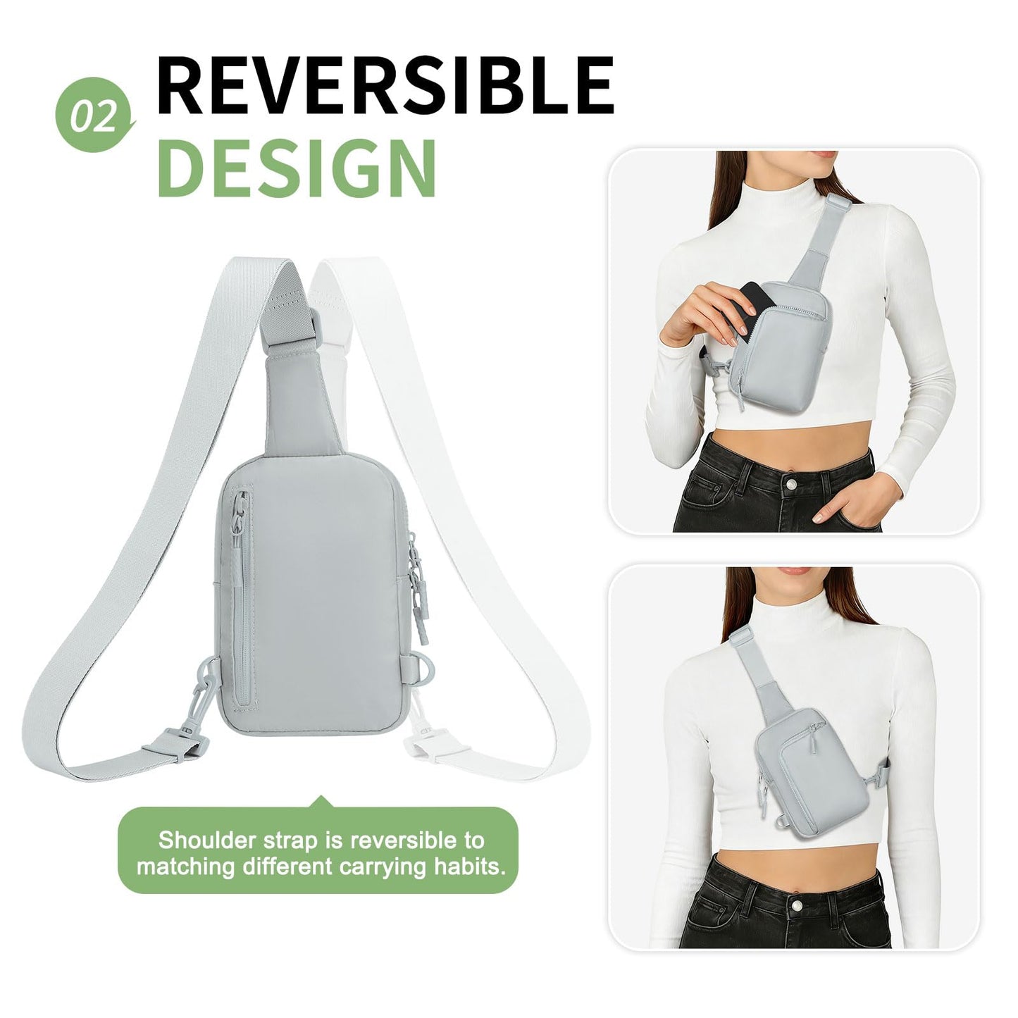 SUIKIHUM Mini Sling Bag for Men Women, Crossbody Fanny Packs Fits for 6.3" Phone, Reversible Nylon Chest Bag for Travel Running Hiking (Light Grey)