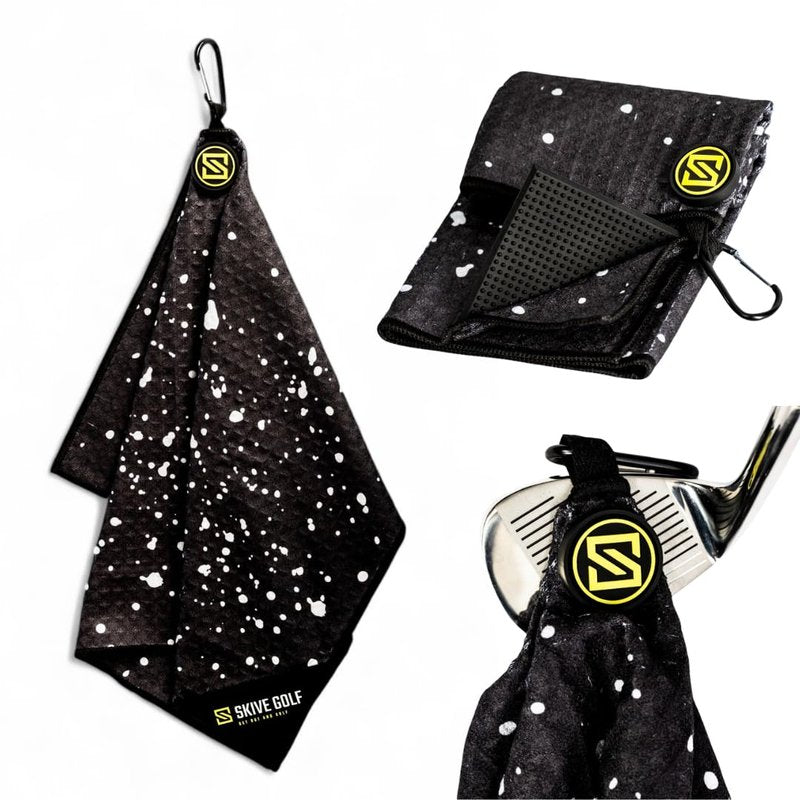 SKIVE Golf Premium Magnetic Golf Towel | Super Strong Magnet | Absorbent Microfiber Waffle Design | Built-in Silicone Brush | Golf Towels for Golf Bags (Black w/White Drip)