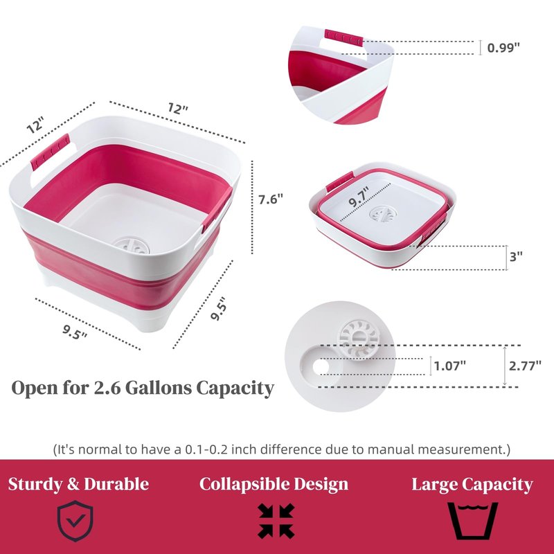 GIMWA 2.6 Gal(10L) Collapsible Camping Sink, Magenta Space-Saving Collapsible Dish Basin with Drain Plug for bottle washing, Collapsible Bucket for RV Essentials and Foot Soaking