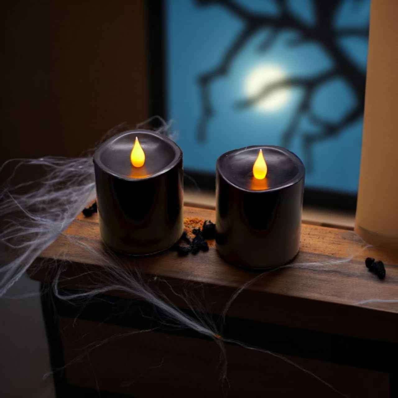 Black Flameless LED Candles 3 inch Diameter Real Wax 2AA Battery Operated 600hr+ Flickering Candles with Timer Remote Control for Halloween Thanksgiving Christmas Indoor (Black, 3″×3″- 2 PCS)