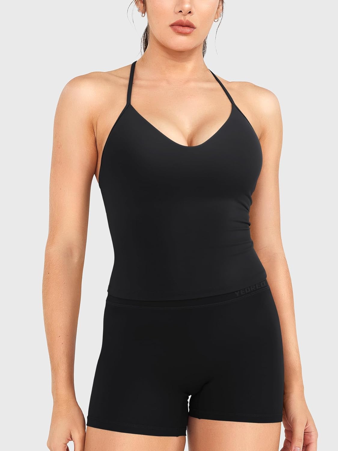 YEOREO Women's Halter Tank Top - Padded Deep V Neck Crop Top with Built-in Bra for Gym Workouts