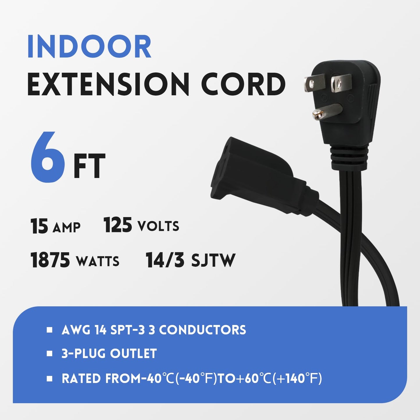 Zorky 6 ft Flat Plug Black Extension Cord，14/3 SPT-3 Heavy Duty Appliance Extension Cord-Extension Cable with 3 Prong Grounded Plug for Safety - for Appliance,Refrigerator, Space Heater