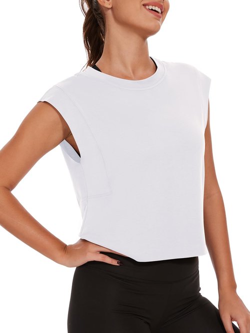 Cotton Cropped Tank Tops for Women Sleeveless Sports Shirts Athletic Yoga Running Gym Workout Crop Tops White L