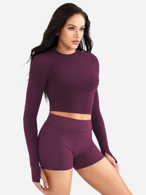 YEOREO Women Workout Gym Tops Basic Long Sleeve Shirt Slim Fitted Casual Stretchy Thin Active Running Yoga Crop Top Black Cherry S