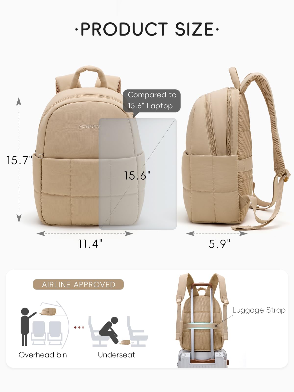 WESTBRONCO Puffer Laptop Backpack for Women Travel Backpack for Women Airplane Approved Backpack with 16'' Laptop Compartment