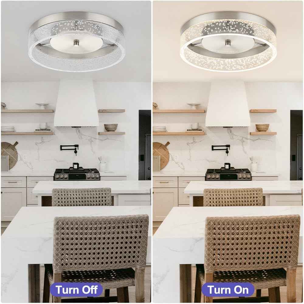 Modern 12-Inch LED Crystal Flush Mount Chandelier - Dimmable Ceiling Light for Dining Room, Bedroom & Kitchen - Brushed Nickel Finish