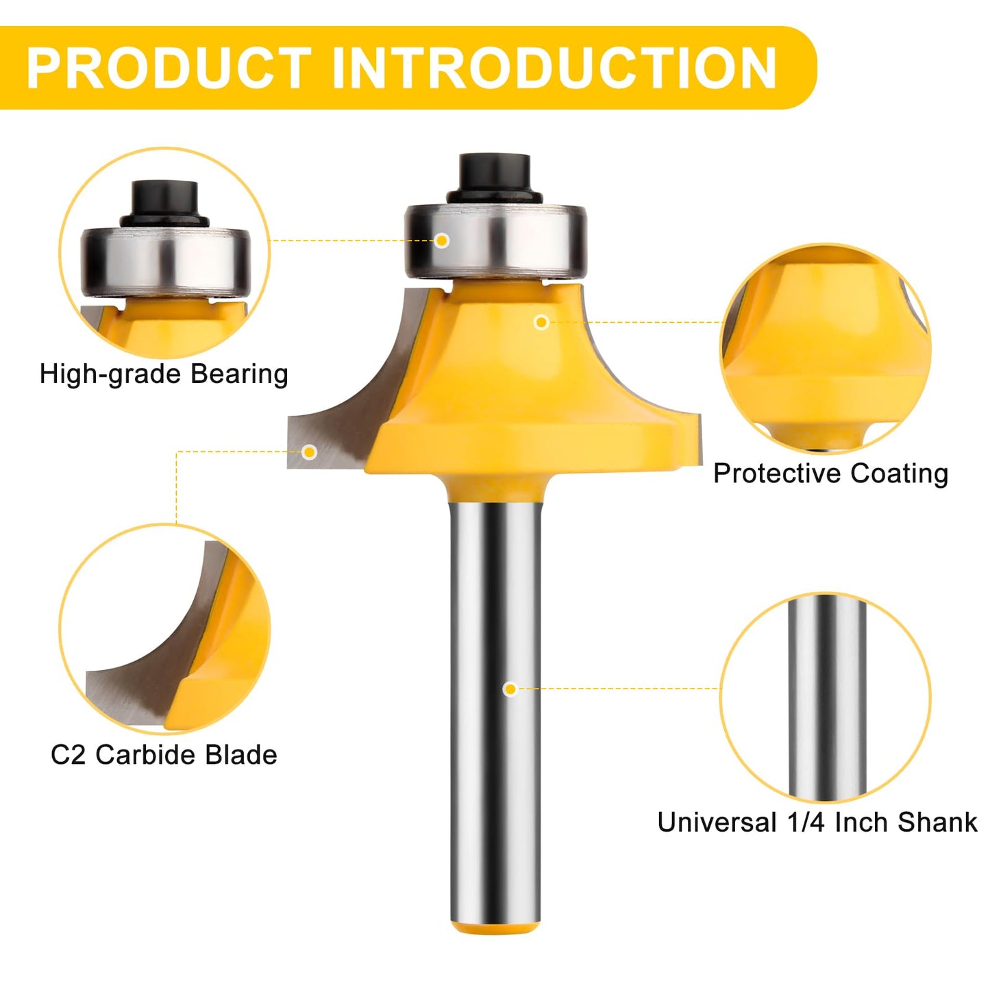 UTRUSTTO Roundover Router Bit Set 1/4 Inch Shank, Bearing Guide for Rounding Edge Bit, Radius in 1/8", 1/4", 3/16", 5/16"