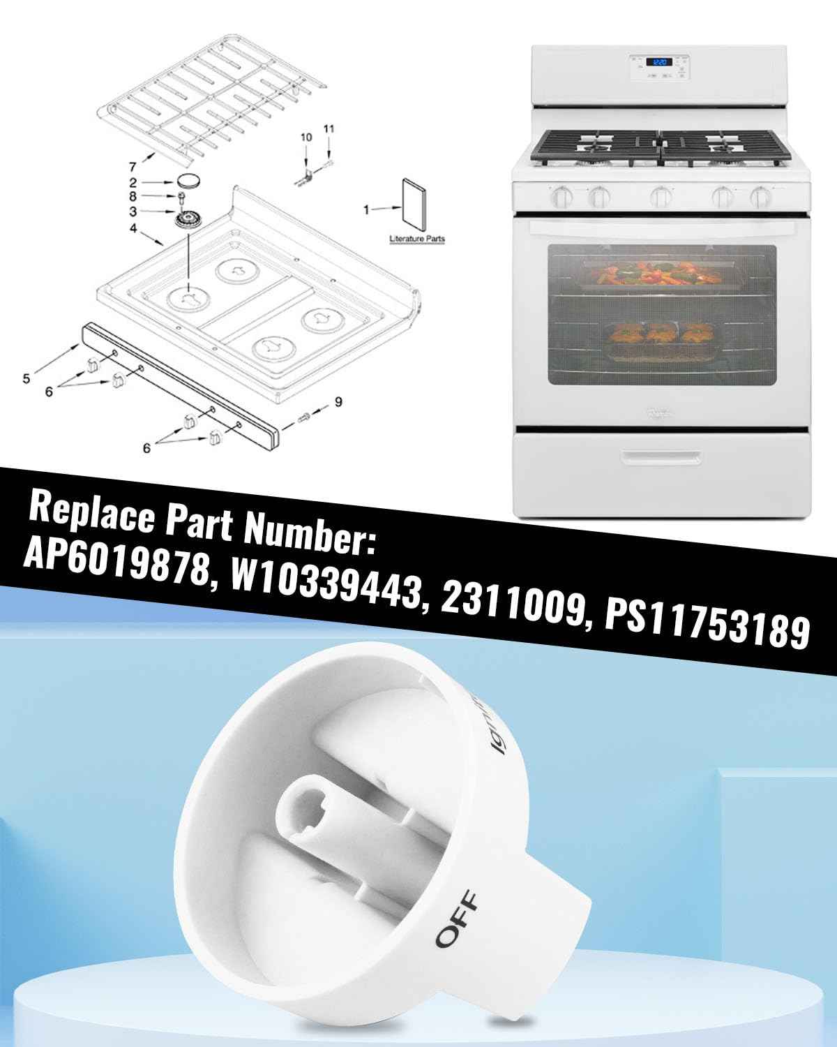 4Pack Fit for Whirlpool Gas Stove Knobs Replace #WPW10339443 AP6019878 2311009 PS11753189 PS3507189 White Stove Knobs Replacements Range Oven Knobs Part Upgraded