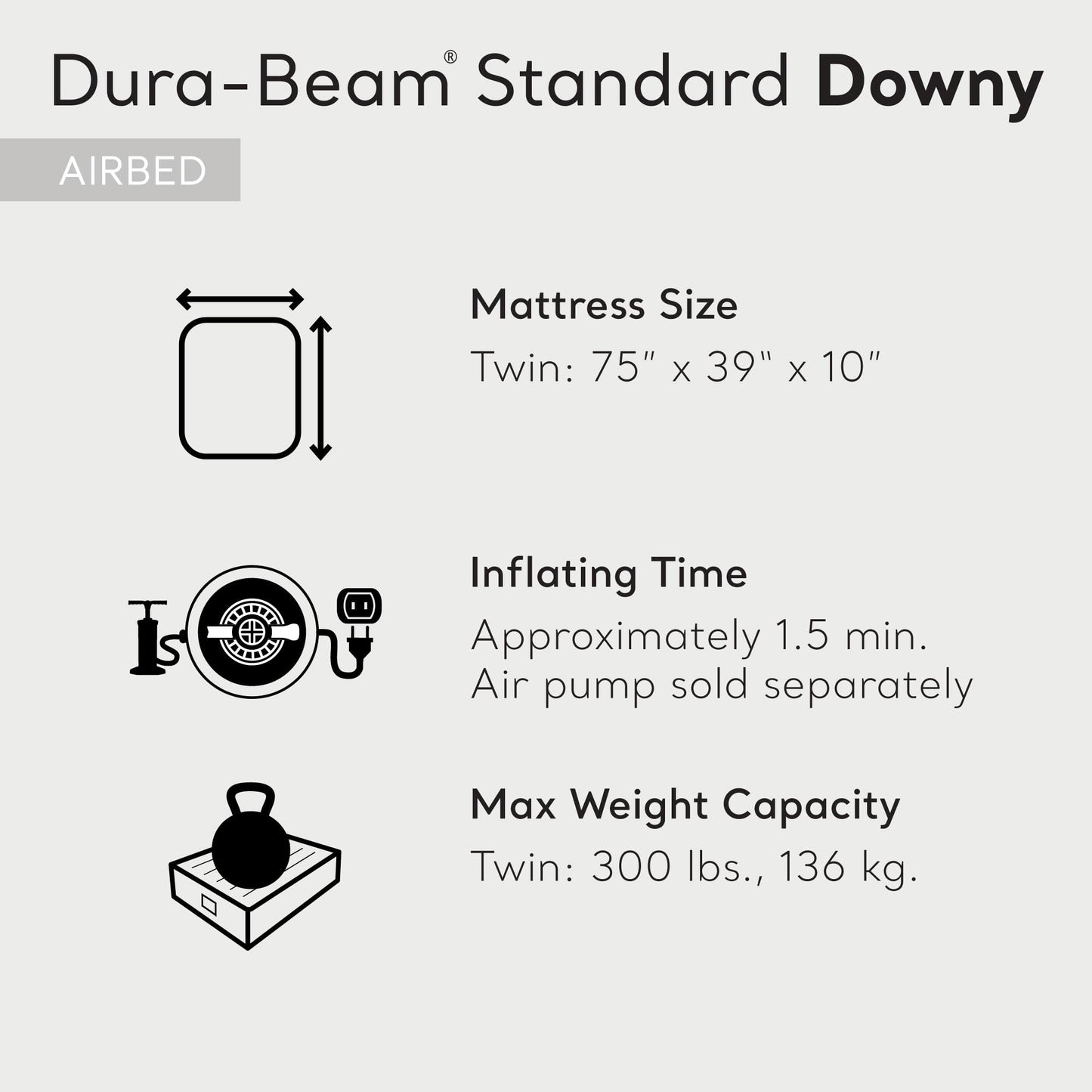 Intex 75 x 39 x 10 Inch Dura-Beam Fiber-Tech Vinyl Standard Downy Air Mattress with Plush Top and 2-in-1 Valve, Twin (Pump Not Included)
