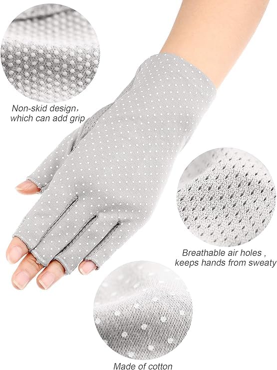 UV Sun Protection Fingerless Gloves for Women - Blue & Beige, Medium