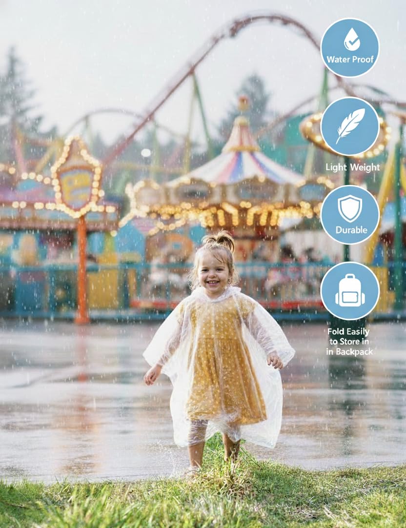 PulseRipple 12-Pack Kids Clear Rain Ponchos with Hood, Breathable Cape-Style Disposable Emergency Rain Cover, One Size Waterproof Lightweight for School Trips Camping Outdoor Sports & Festivals