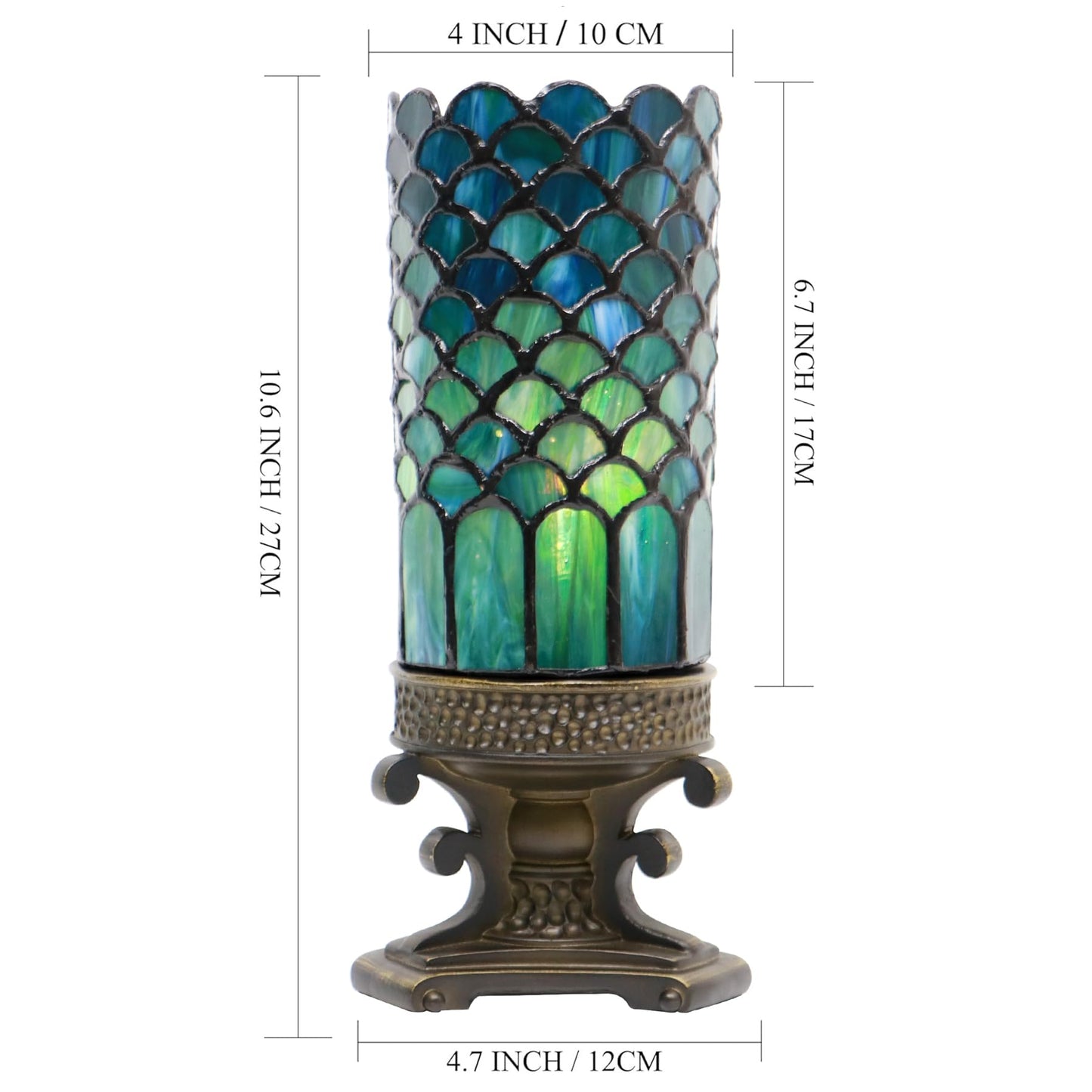 LXHCYOU Small Tiffany Lamp Mini Stained Glass Table Lamp Candle Desk Night Light Bronze Resin Base 4" D x 4" W x 10.5" H (Fishscale Style)
