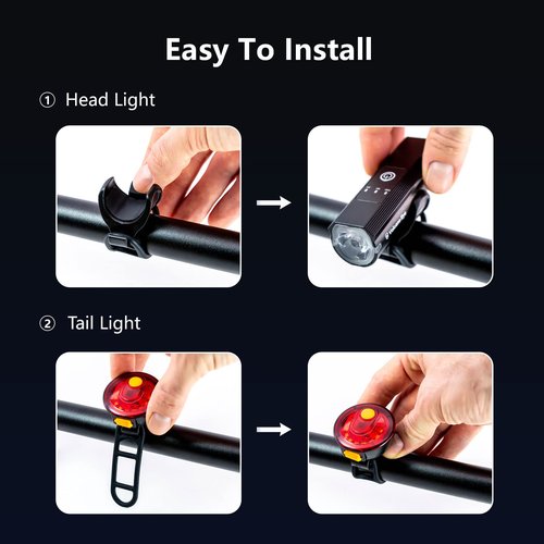 Bike Light Set USB Rechargeable, Powerful Bicycle Headlight and Taillight Combination, 5 Light Modes, Easy to Install for Cycling Safety