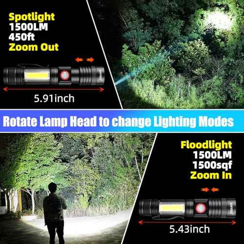 Magnetic Rechargeable Flashlight with Wide-Angle COB Side Light & Super Bright Zoomable Main Light, 4 Mode, USB-C Charging, Secure Magnetic Base for Camping, Emergency, Repairs, 2 Pack