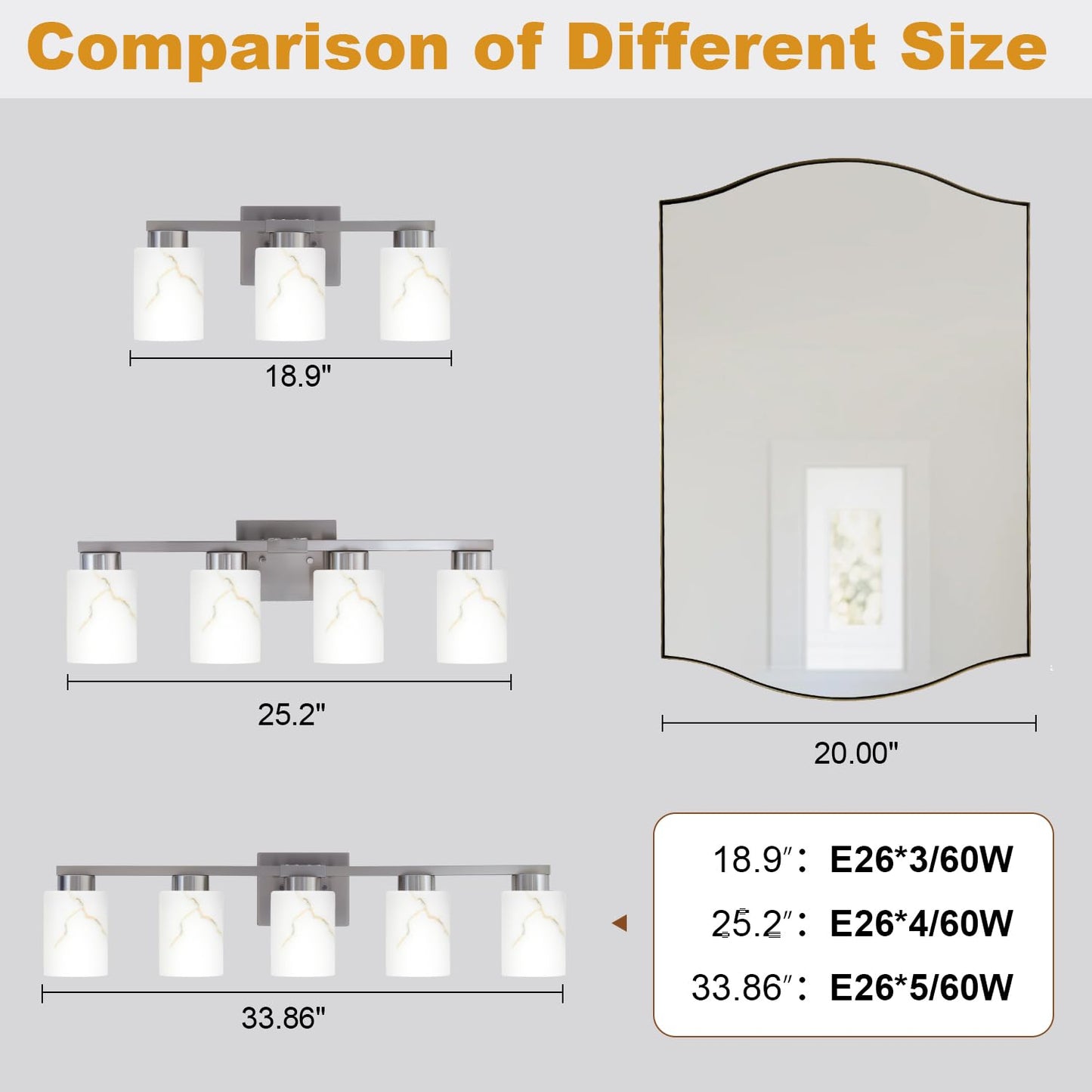 Mieloxiy 4-Light Bathroom Light Fixtures, Modern Vanity Lights, Brushed Nickel Metal Wall Lamp with White Marble Glass for Bathroom, Mirror, Living Room, Bedroom, Cabinet, Porch, Hallway, E26 Base