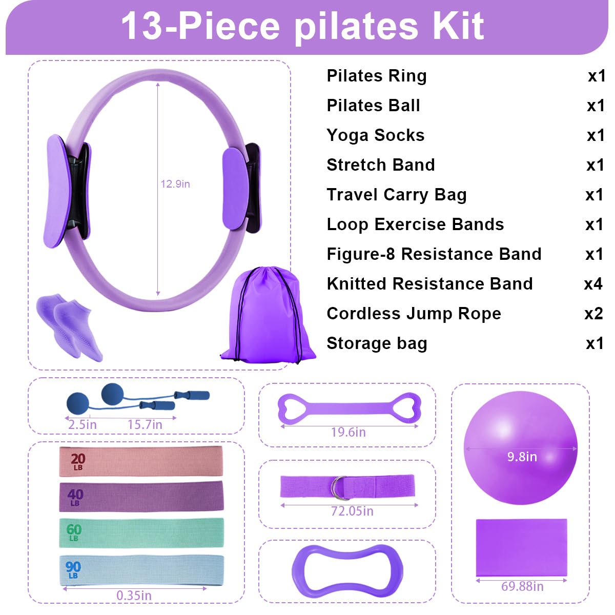 CoreHarmony Pilates Essentials Kit for Women, Home Pilates Kit with 12.9" Ring and 9.8" Mini Ball, 4 Fabric Loop Bands, Figure-8 Band, Stretch Strap, Jump Rope, Carry Bag (Purple Thread)