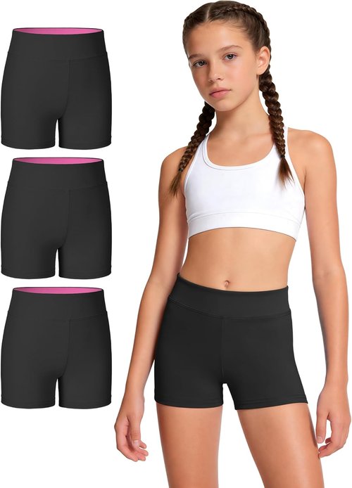 JOCMIC Girls Athletic Shorts - 3 Pack for Dance, Gymnastics, Yoga & Running | Ages 4-12