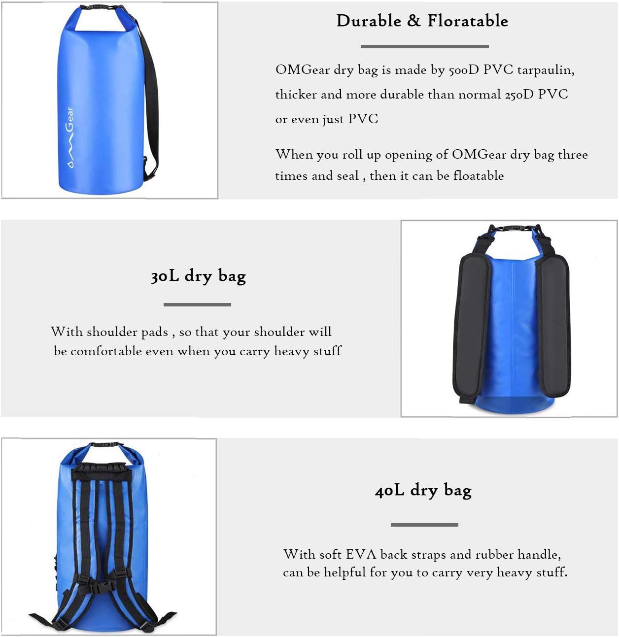 OMGear Waterproof Dry Bag Backpack - Floating Dry Sack for Kayaking & Outdoor Activities | 40L/30L/20L/10L/5L