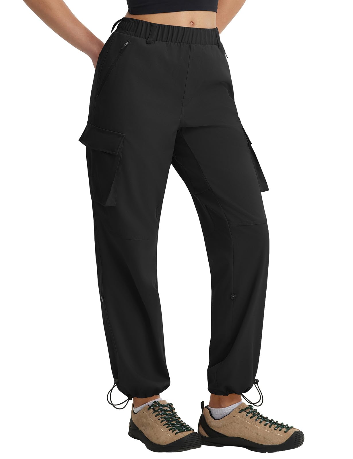 baleaf Women's Hiking Pants Lightweight Water Resistant Quick Dry Cargo Trail Pants with Zippered Pockets Summer SPF Black M