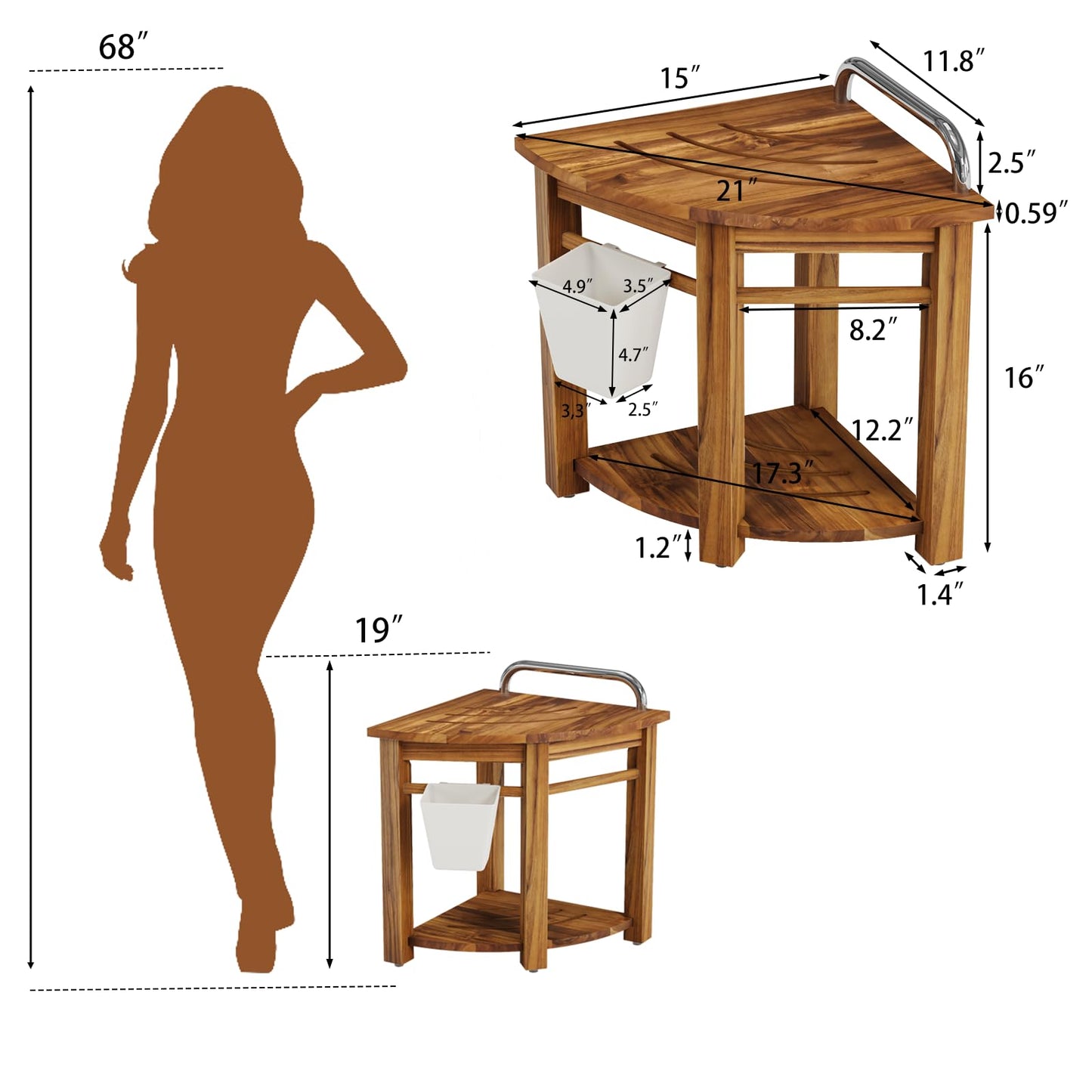 Kiasthome Teak Corner Shower Bench, Waterproof Bathroom Teak Shower Bench, Sturdy Non-Slip Bath Shower Foot Stool for Shaving Legs with Storage Baskets and Shelves