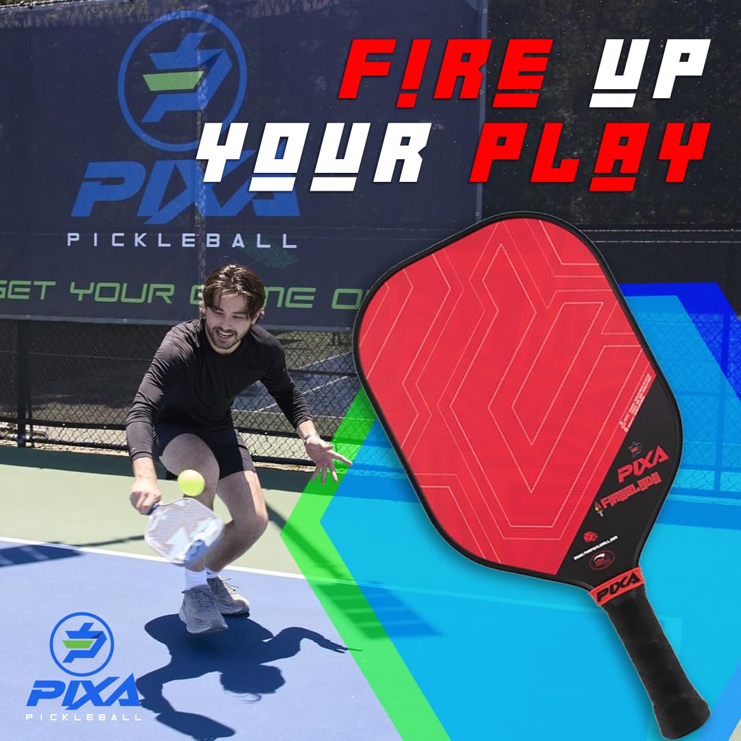 PIXA Fireblade 16mm Fiberglass/Grit Pickleball Paddle Set of 2, w/ 4 Balls and 2 Cooling Towels, Bag; with Grit/Spin!, 16mm, Beginner Racket/Intermediate Racquet, Great Gift!