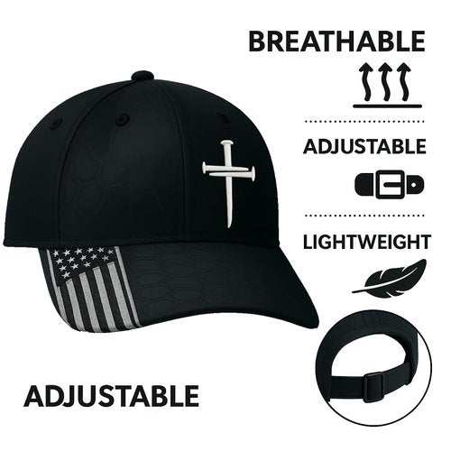 Adjustable Jesus 3 Nail Cross Hat with American Flag – Christian Cross Baseball Cap, Religious 3 Nail Design Faith Hat for Men & Women, Lord Savior Christian Gift Black