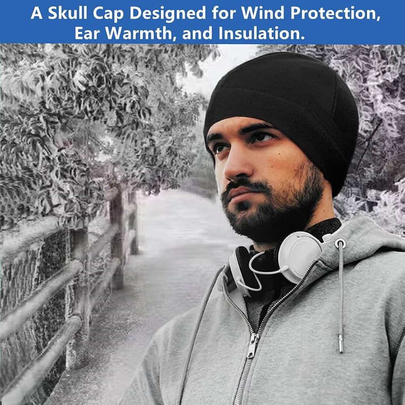 Polar Fleece Skull Cap - Soft Helmet Liner Beanie for Men & Women - Black