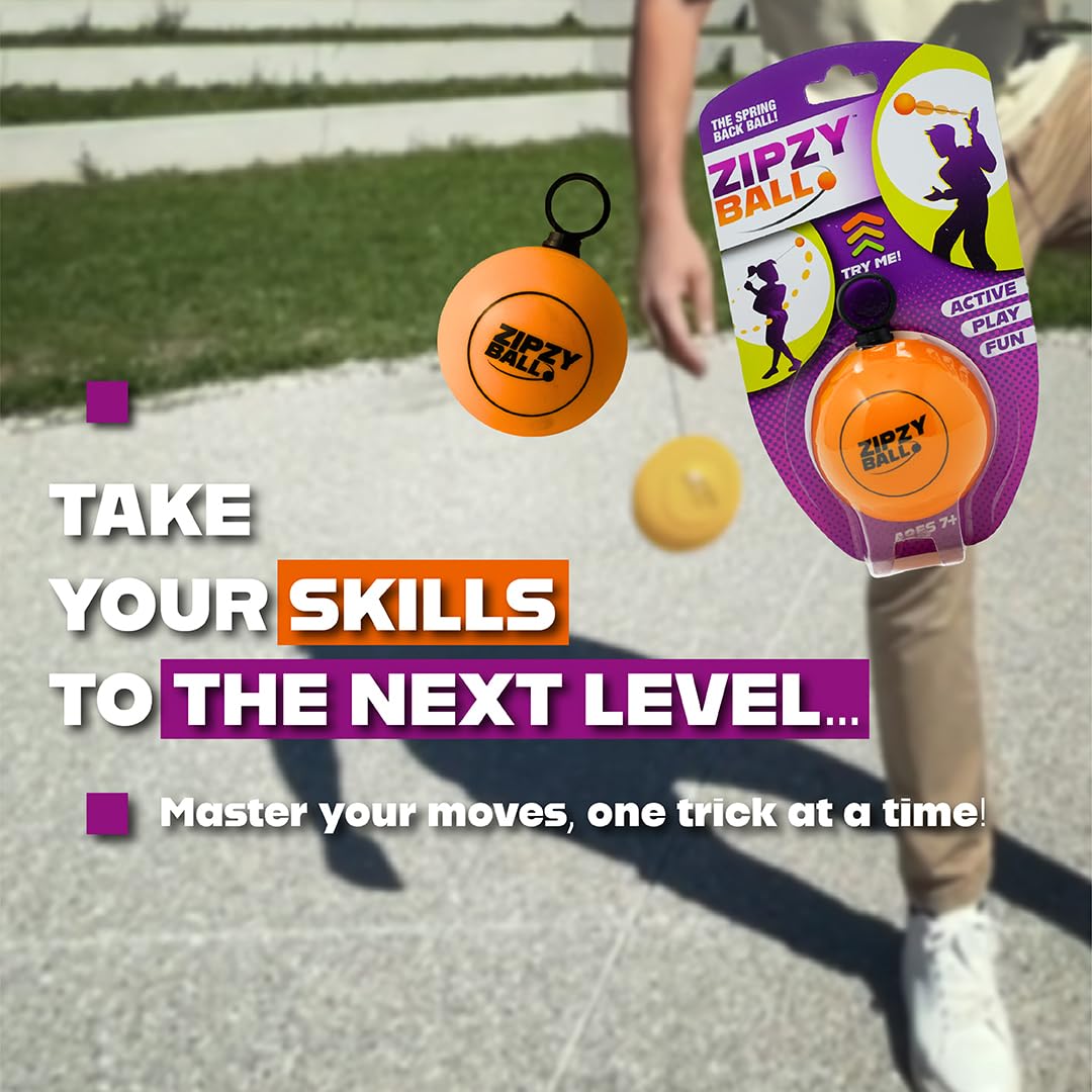 ZipzyBall Sporty Spring Back Hand Ball Fidget - Kid or Adult Indoor and Outdoor All Season Active Play Workout Skill Toy. Recommended for Ages 7 & Up.