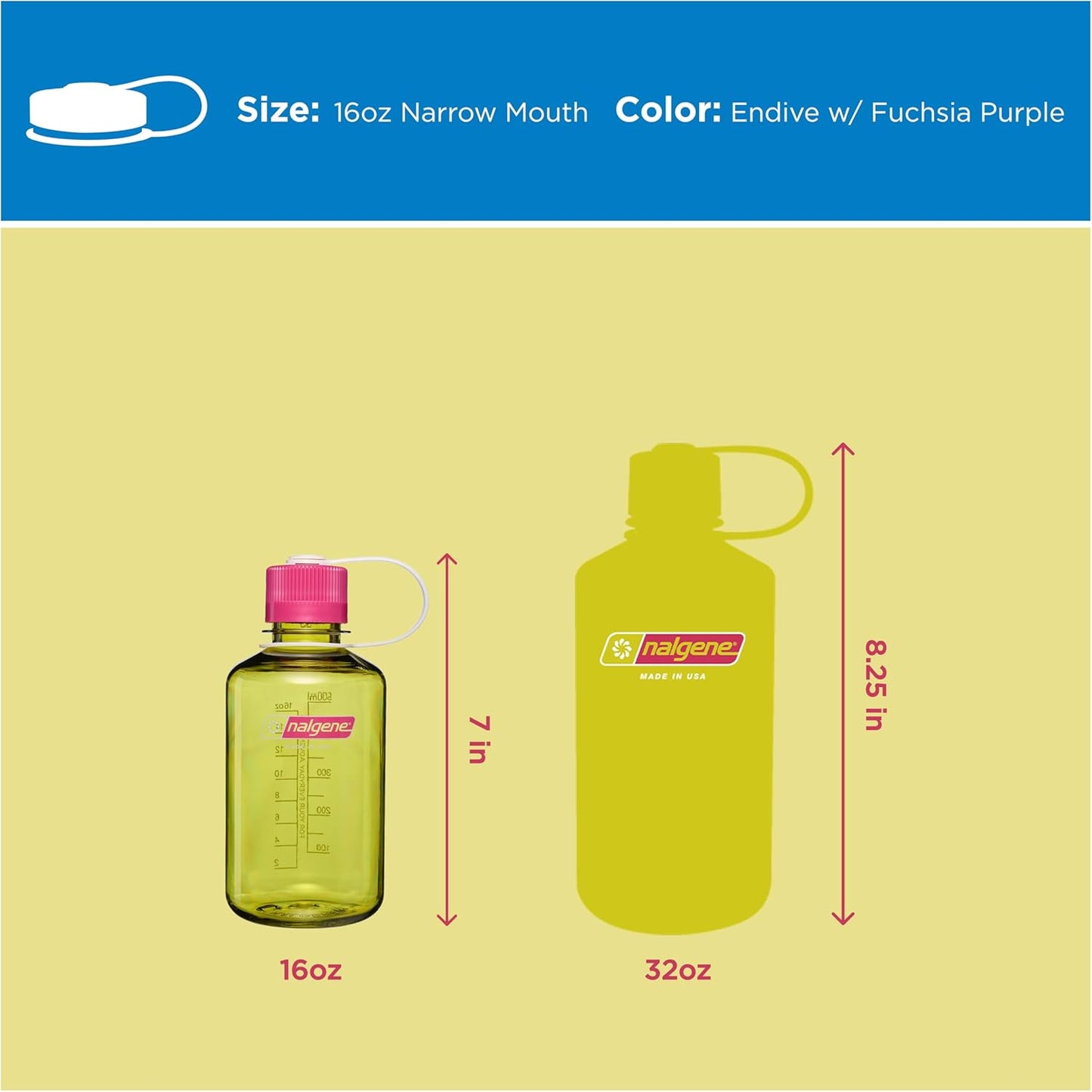 Nalgene 16 oz Narrow Mouth Water Bottle - BPA-Free, Durable & Leak Proof | Lightweight, Fits in Cupholders - Endive/Fuchsia Purple