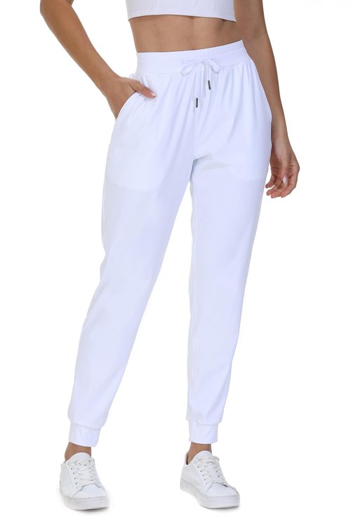 Athletic Joggers for Women with pockets Workout Running Track Pants Golf Stretch Tapered Comfy Gym Active Training Sport Sweatpants Lounge Casual Travel Jogging Outfits Trendy Clothes 27" White L