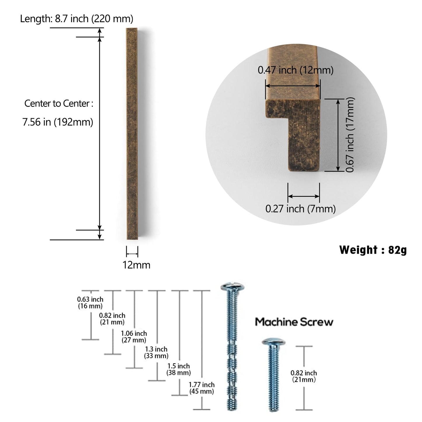 Goo-Ki Cabinet Handles 12 PCS - Antique Brass Drawer Pulls 7-1/2 in (192mm) Hole Centers - Tilted Solid Drawer Handles for Kitchen Cabinet Pulls - Finger Pull 4402-GT-192