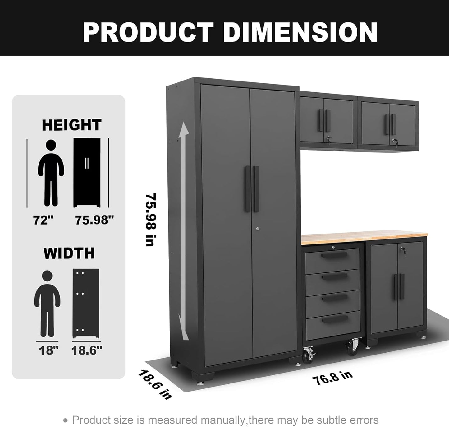 Torin Garage Storage Cabinet Set - 6-Piece Tool Organizer with Lockers & Shelves - 76.8" L x 18.5" W x 75.79" H - Black/Grey