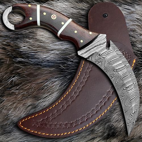 RC Damascus Hunting Knife with Leather Sheath - Full Tang Fixed Blade, 9 Inch Outdoor Survival Knife for Men