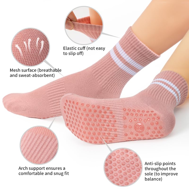 Non-Slip Pilates Socks with Grips for Women - 4 Pairs Pink