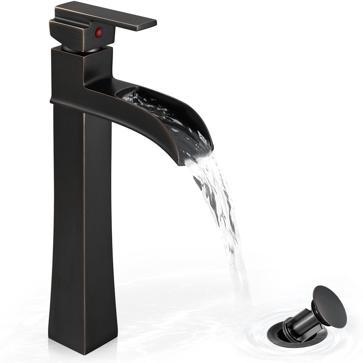 HOIGY Bronze Waterfall Vessel Sink Faucet, Brass 12 Inch Tall Bathroom Faucets Single Hole Single Handle for Bathroom Bowl Sink with Pop-up Drain & Hoses for Vanity Countertop Modern Farmhouse