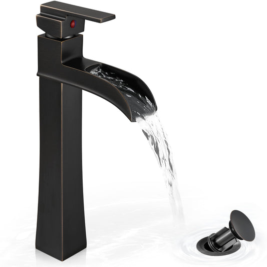 HOIGY Bronze Waterfall Vessel Sink Faucet, Brass 12 Inch Tall Bathroom Faucets Single Hole Single Handle for Bathroom Bowl Sink with Pop-up Drain & Hoses for Vanity Countertop Modern Farmhouse