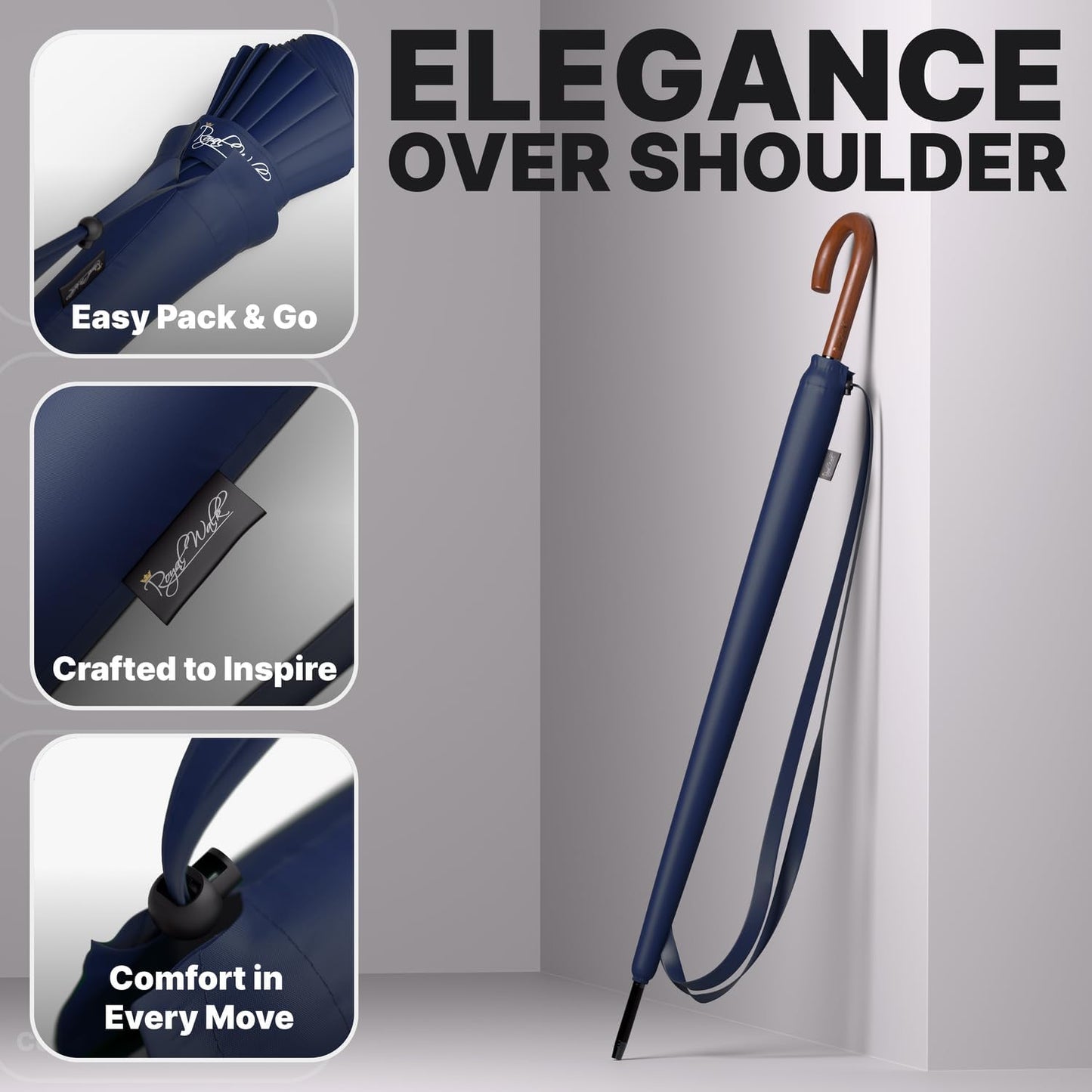 Royal Walk Large Windproof Umbrella for 2 - Navy Blue, 54 Inch, Auto Open, Wooden Handle