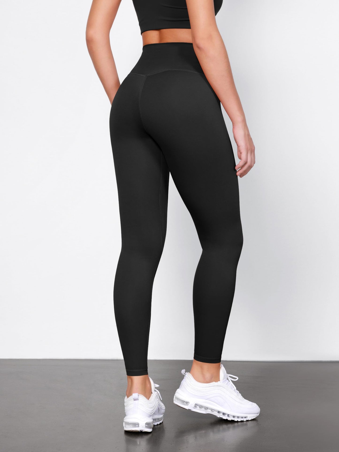 ODODOS Tummy Control Full Length Compression Leggings with Inner Pocket for Women, 28" High Waist Workout Running Yoga Pants, Black, Medium