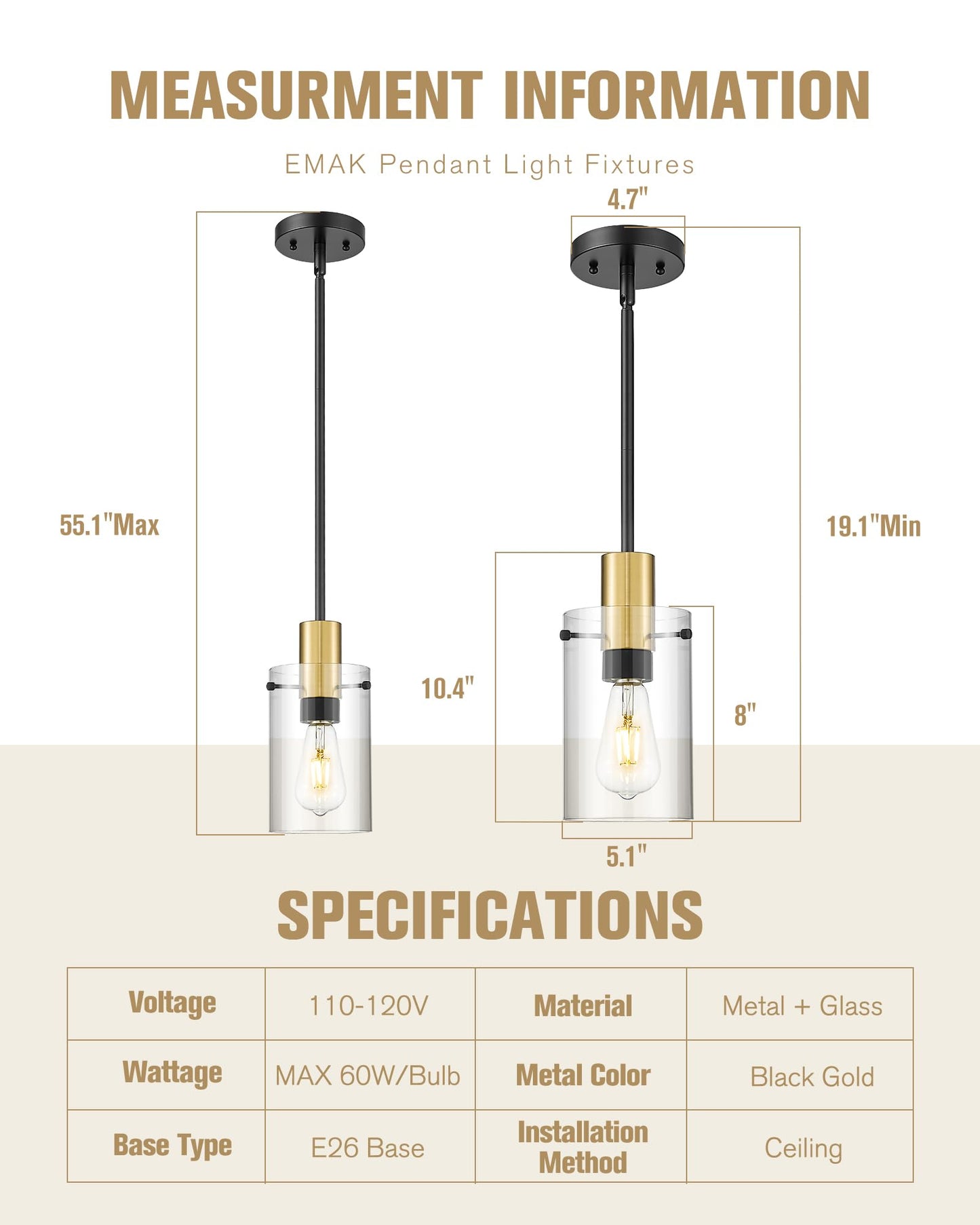 Emak 2 Pack Black and Gold Pendant Light,Modern 5 Inch Pendant Lights Kitchen Island with Clear Glass Shade, Farmhouse Kitchen Island Lighting for Dining Room, Bathroom, PL127-BKBGD-CG-2PK