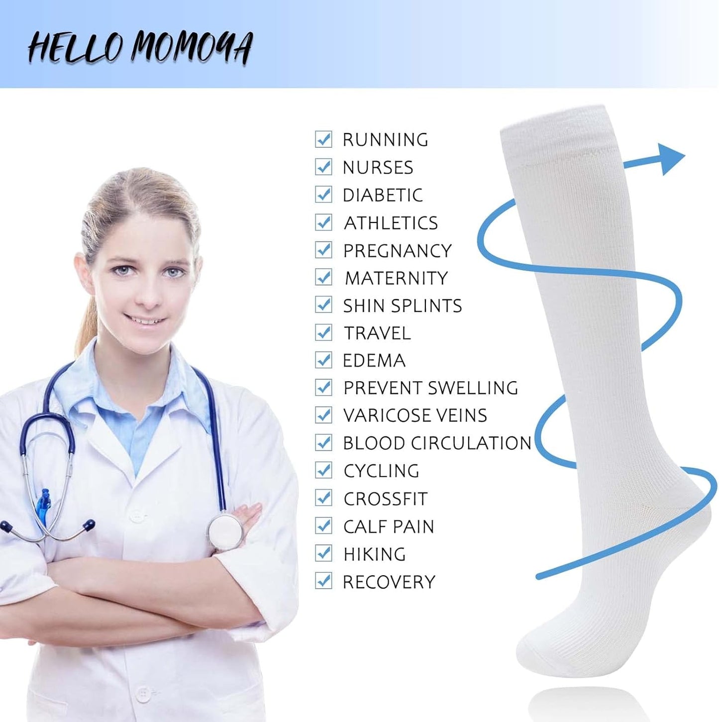 Momoya Compression Socks - Knee High Circulation Support for Men & Women | 8 Pairs for Nurses, Running & Travel