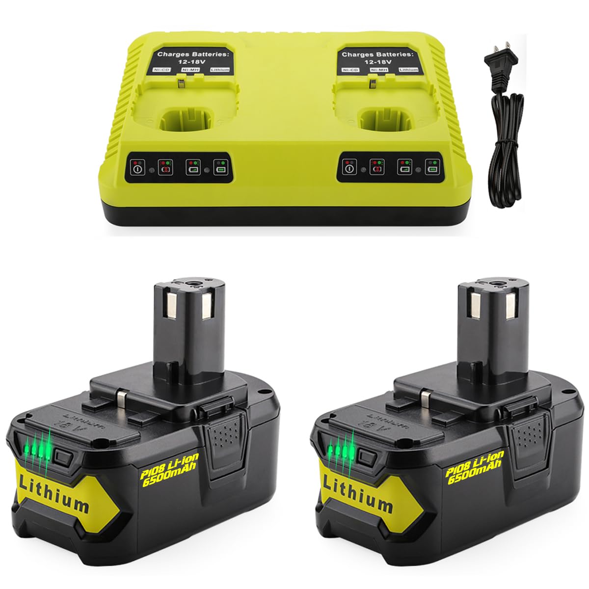 AYTXTG 2Pack 6500mAh P108 Replacement for Ryobi 18v Battery P102 P103 P104 P105 P107 P109 18 Volt Battery + for Ryobi P117 18V Dual Charger Station