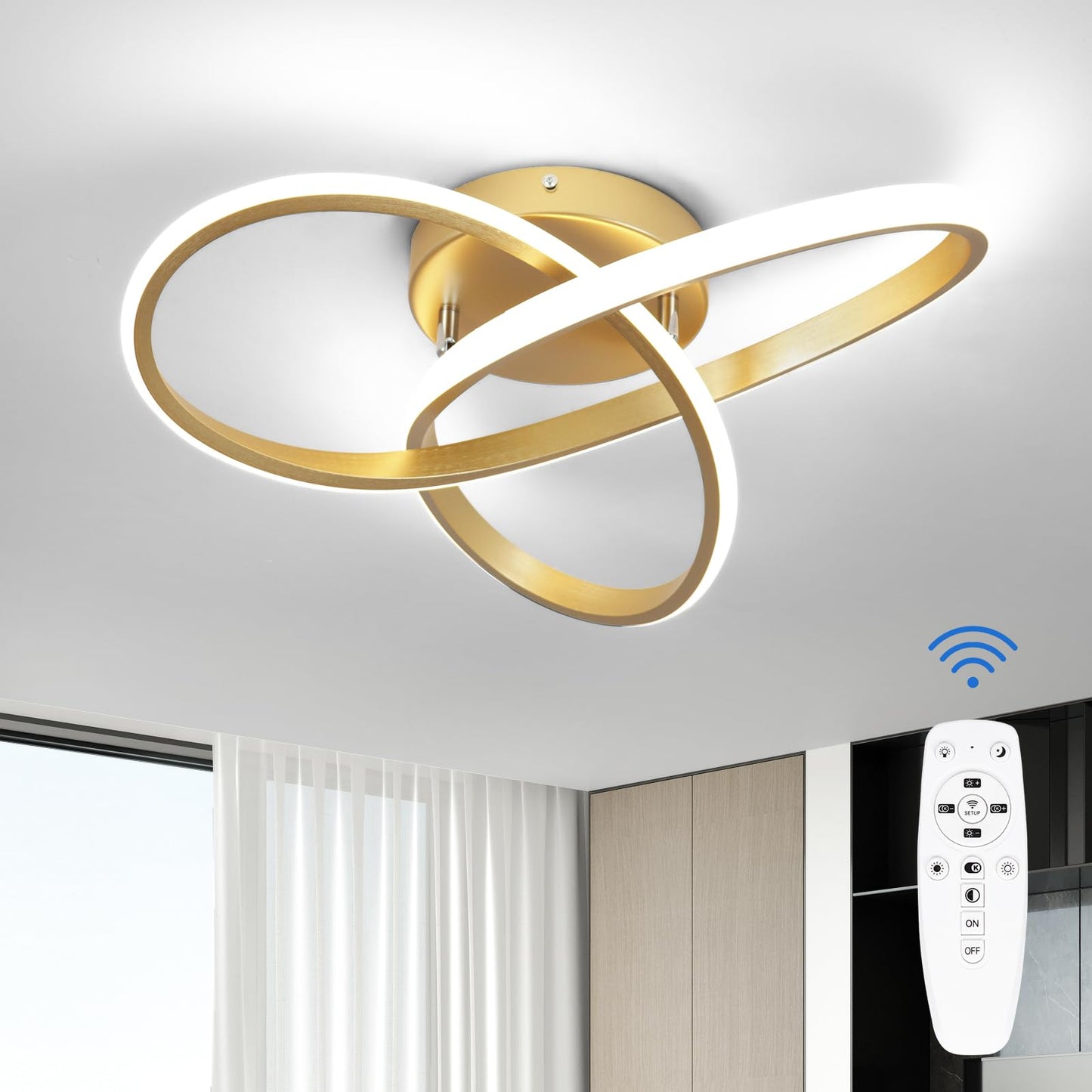 CANEOE Modern Led Ceiling Light,Dimmable Close to Ceiling Light with Remote Control Gold Flush Mount Ceiling Lamp for Bedroom Living Room Kitchen Laundry Room Lamp Lighting Fixtures
