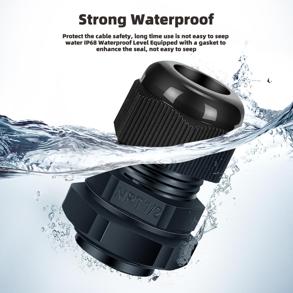 CGELE Cable Gland 12 Pack 1/2" NPT Waterproof Adjustable Connector Strain Relief Cord Connectors Joints Nylon with Gaskets…