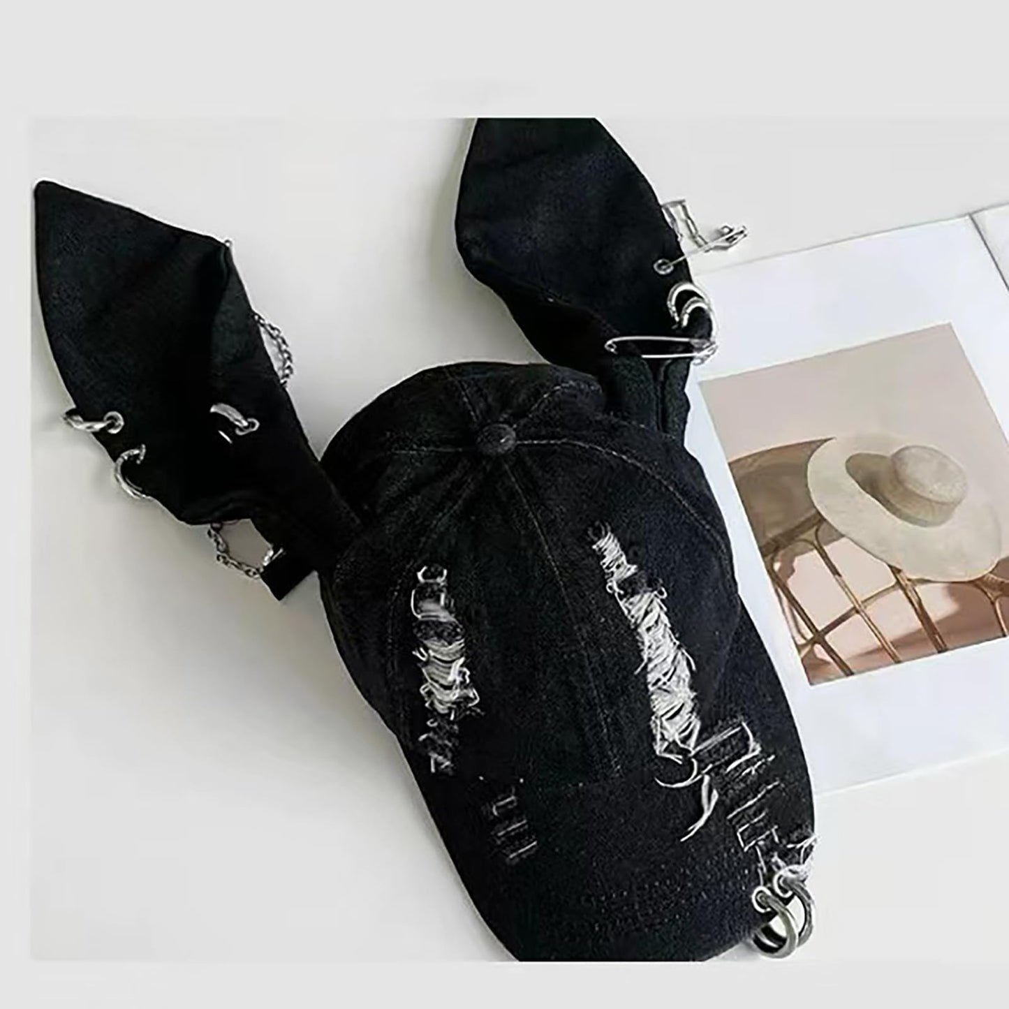CORIRESHA Cute Bunny Hat with Ears Y2k Grunge Metal Iron Ring Chain Distressed Denim Baseball Cap