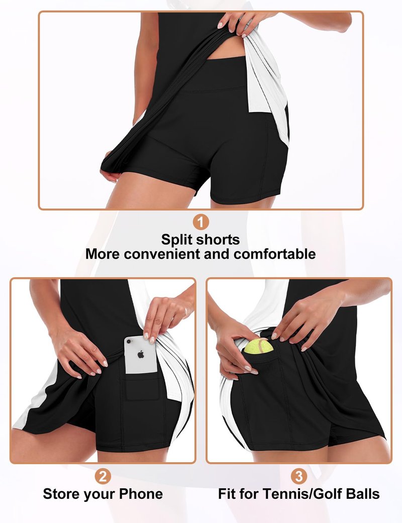 Viracy Tennis Dress for Women Side Slit Golf Dresses with Built in Shorts, Pockets Sleeveless Slimming Athletic Dress Zip Up Stand Collar Lightweight for Hiking Running, Black, Medium