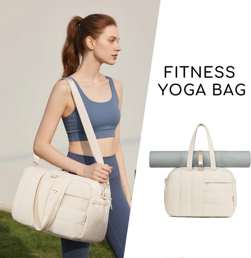 CAMTOP Gym Bag - Lightweight Water-Resistant Duffle with Yoga Mat Holder | 16-Inch Beige Travel Bag