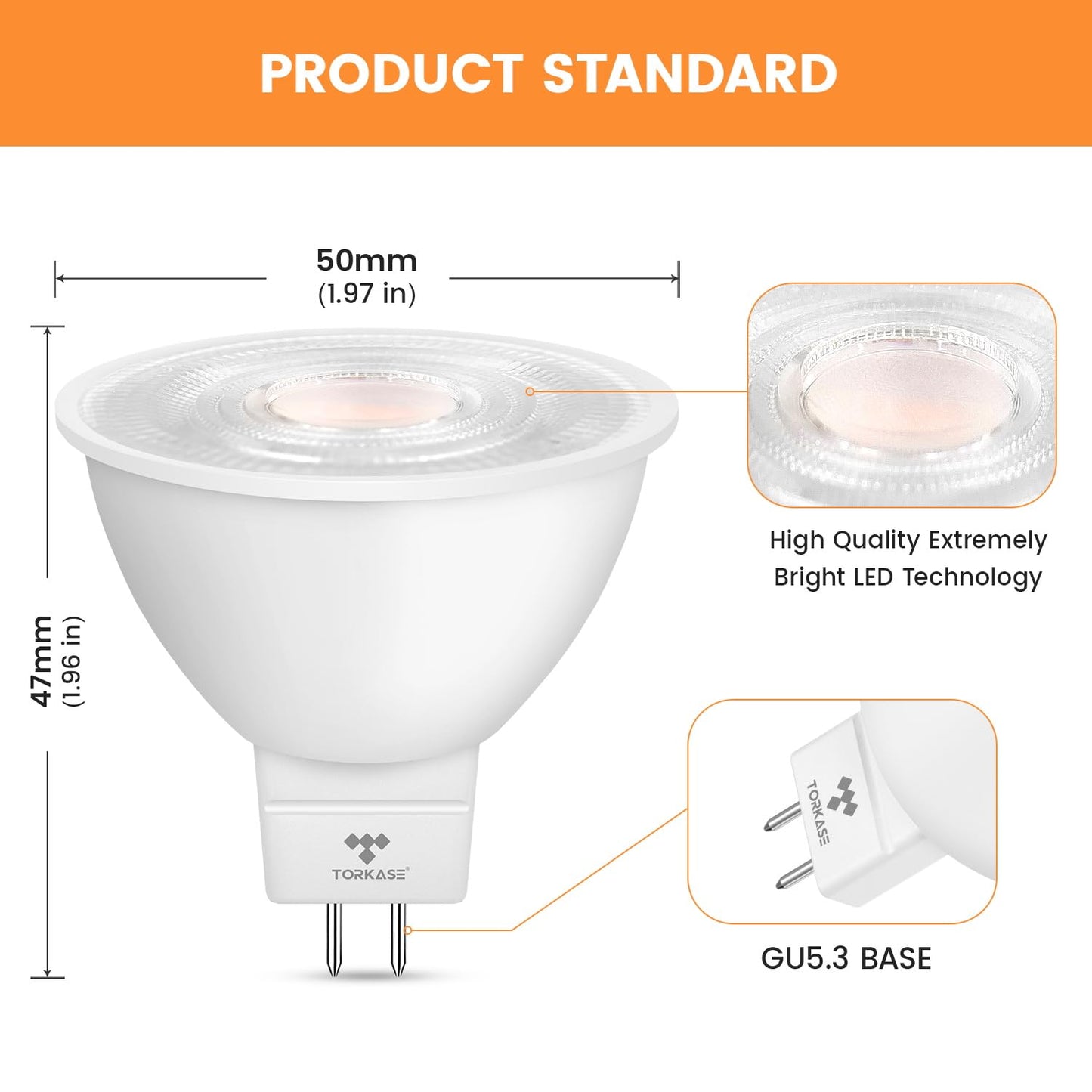 Torkase MR16 LED Bulbs Dimmable 6 Pack, 50W Halogen Equivalent, 5W GU5.3 12V Spotlight, 3000K Soft White, 500LM, 40° Beam Angle, UL Listed, Eye-Friendly, for Landscape, Recessed, and Track Lighting