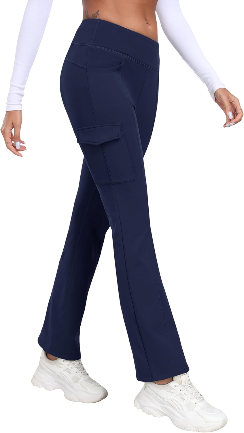 MoFiz Women's Fleece Lined Pants Winter Thermal Water Resistant Crossover Flare Leggings Warm Hiking Outdoor Sweatpants Navy L